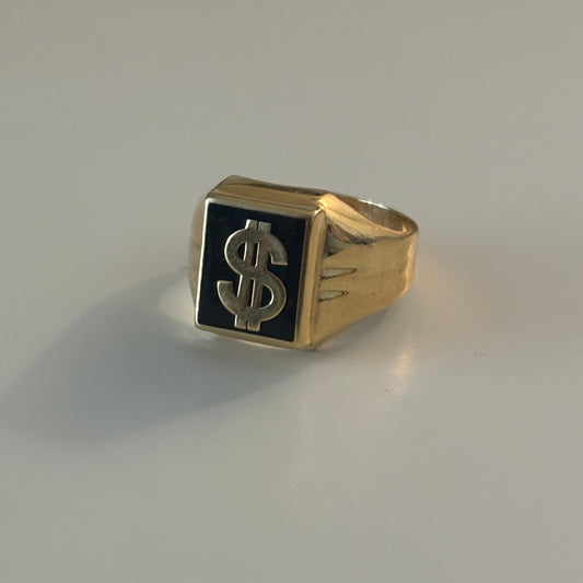 14K Gold Onyx Dollar Sign Pinky Ring – Unisex Statement Ring Size 10.75