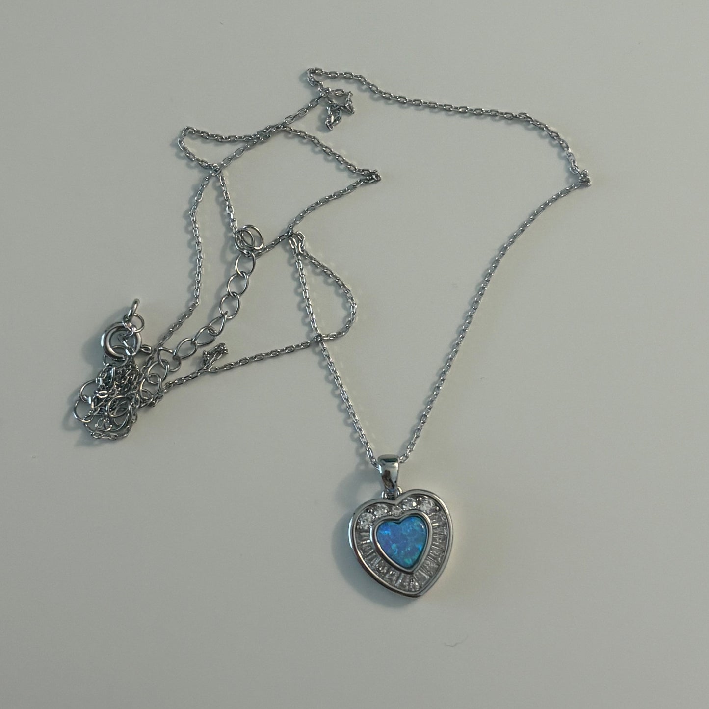 Sterling Silver Blue Opal Heart Necklace with Cubic Zirconia Halo