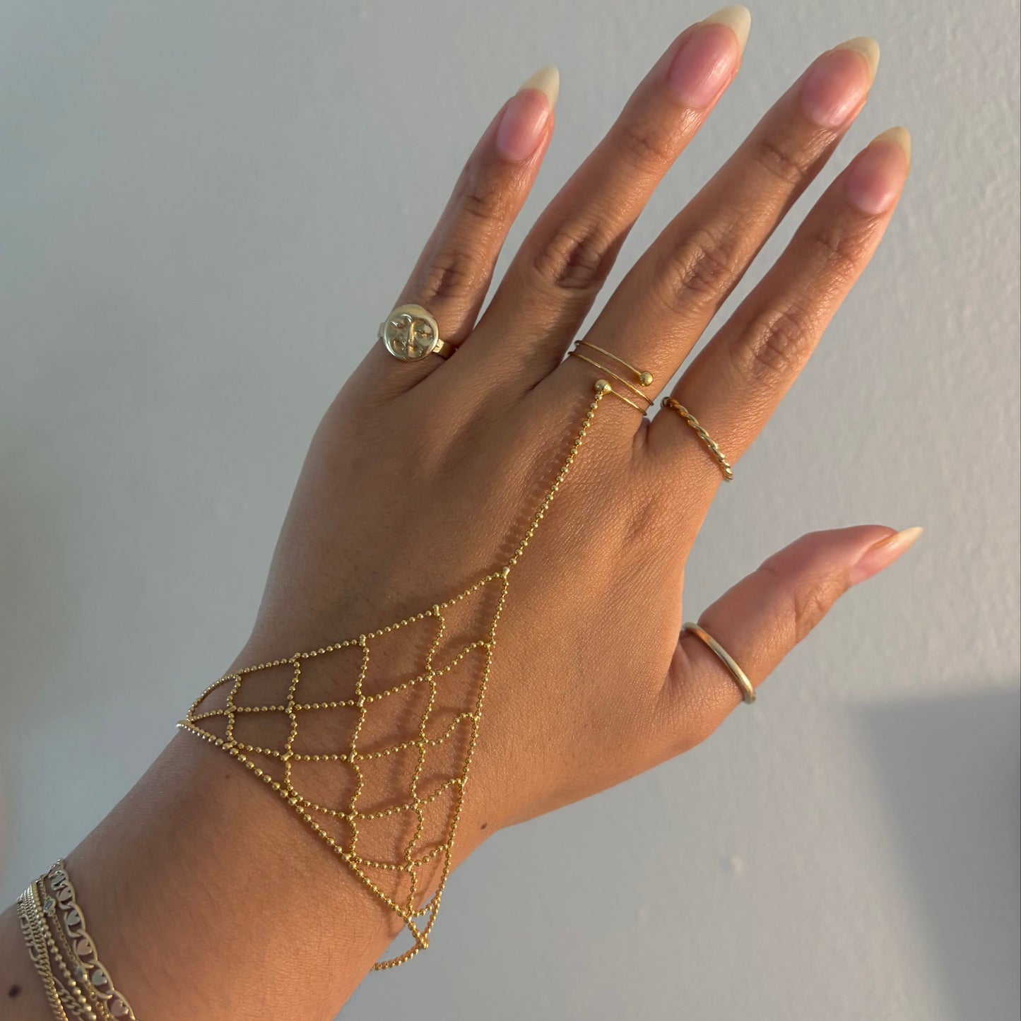 14K Gold Ball Chain Hand Chain Bracelet Ring