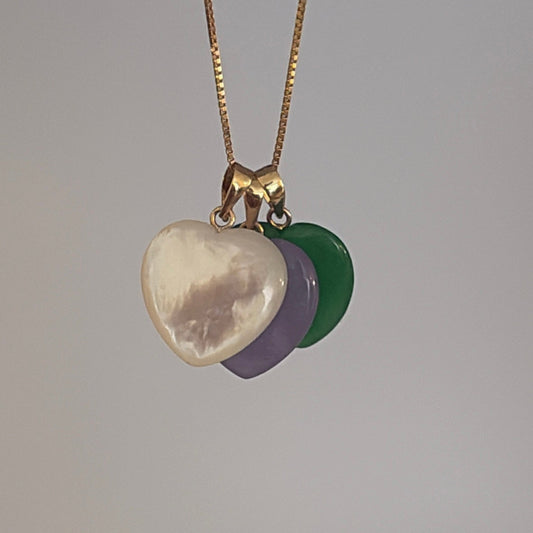 14k Gold Jade & Mother of Pearl Heart Pendants