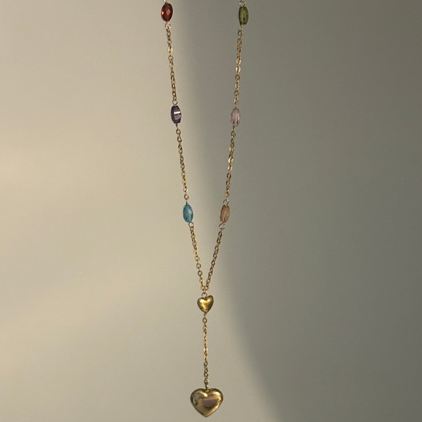 14K Yellow Gold Multicolor CZ Puffy Heart Lariat Necklace