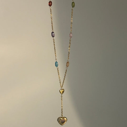 14K Yellow Gold Multicolor CZ Puffy Heart Lariat Necklace