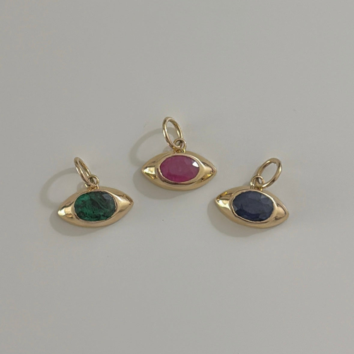 14K Gold Natural Gemstone Eye Charms – Ruby, Sapphire, Emerald