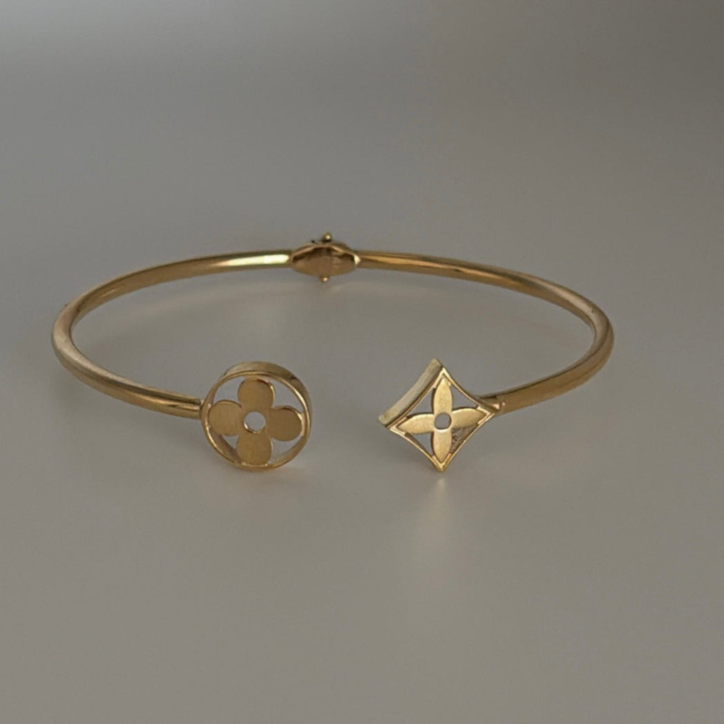 14k Hinged Cuff Bangle with Monogram Floral Motifs