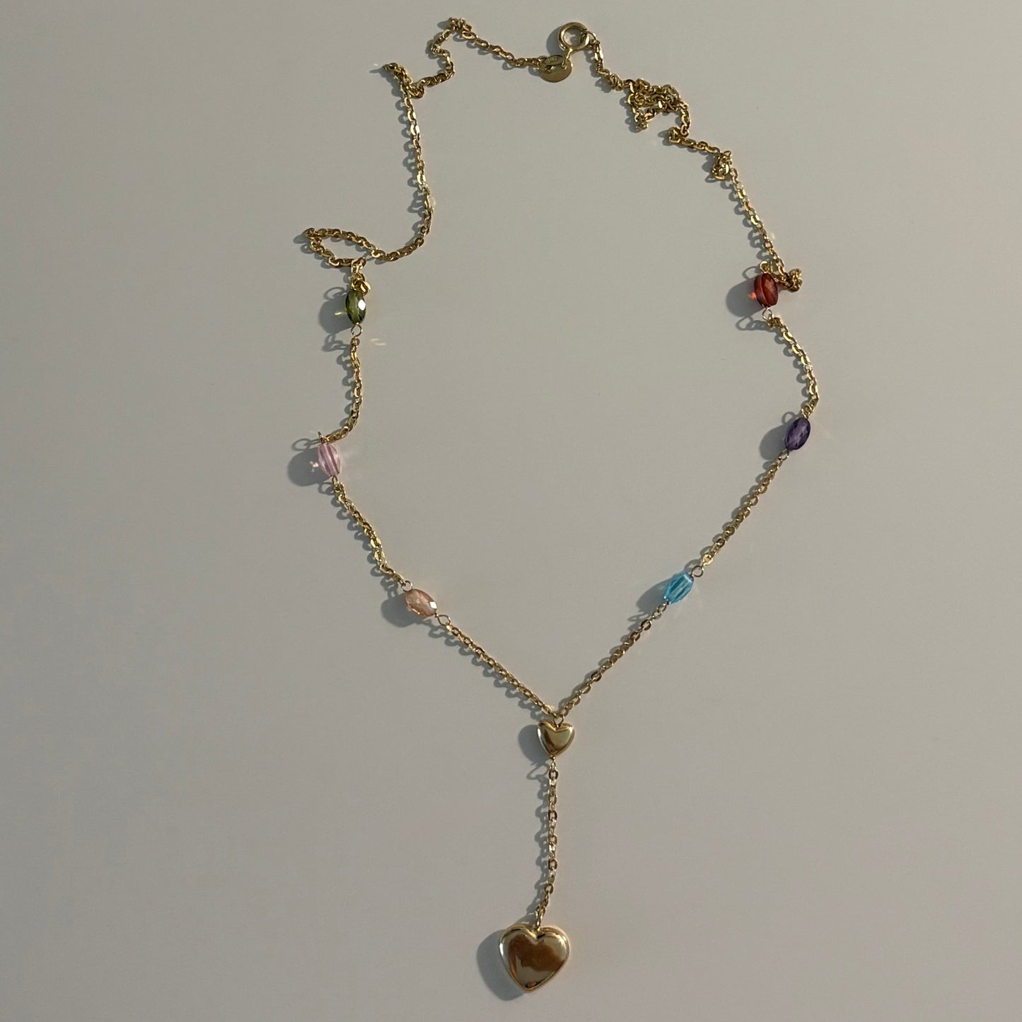 14K Yellow Gold Multicolor CZ Puffy Heart Lariat Necklace