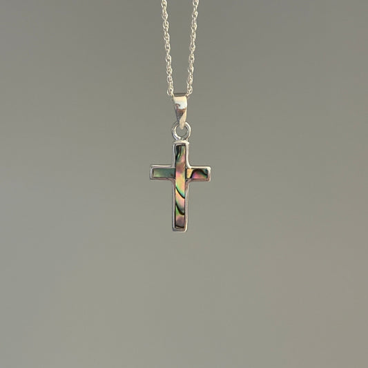 Sterling Silver Cross Pendant with Natural Abalone Inlay