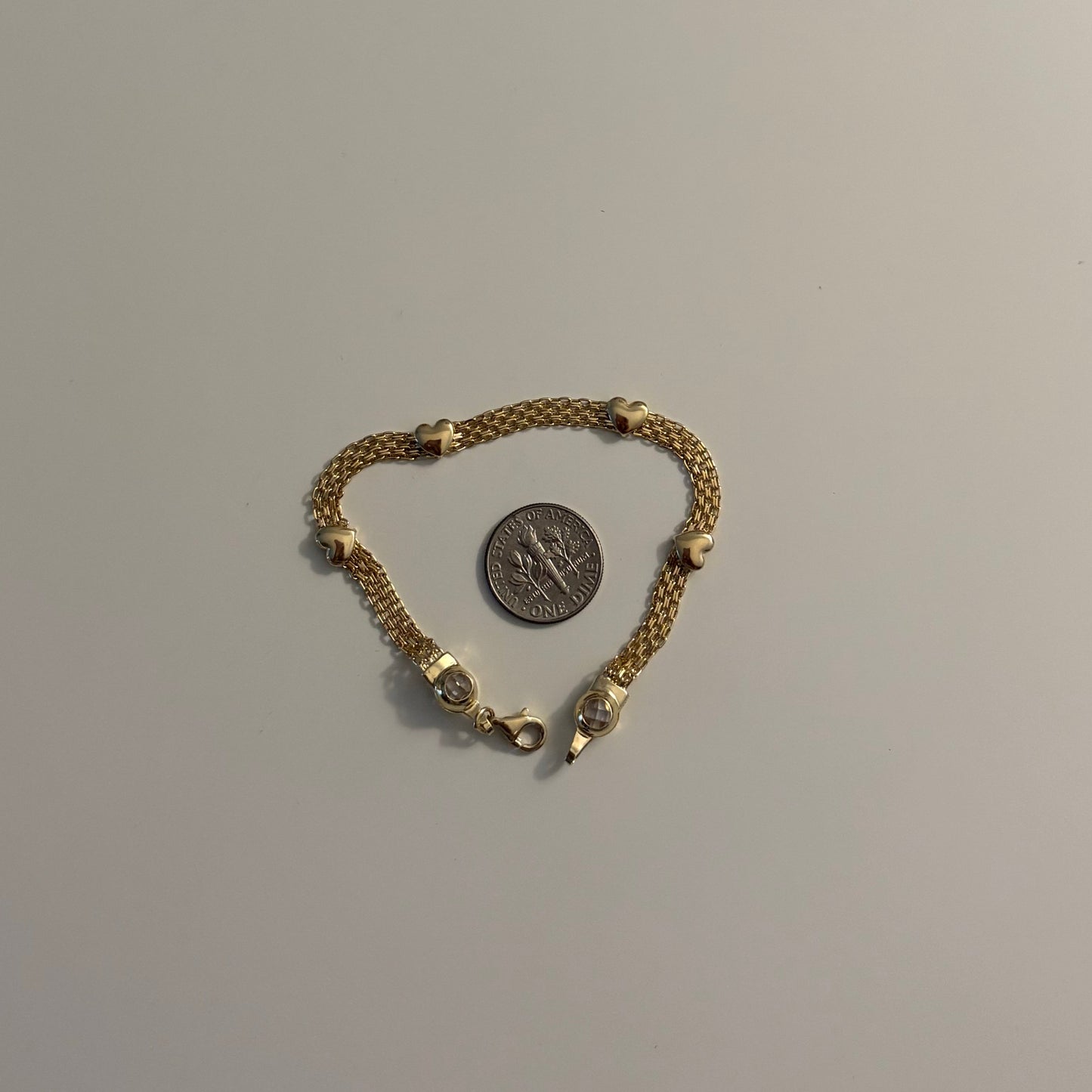 14K Yellow Gold Triple Bismarck Link Bracelet with Heart Stations