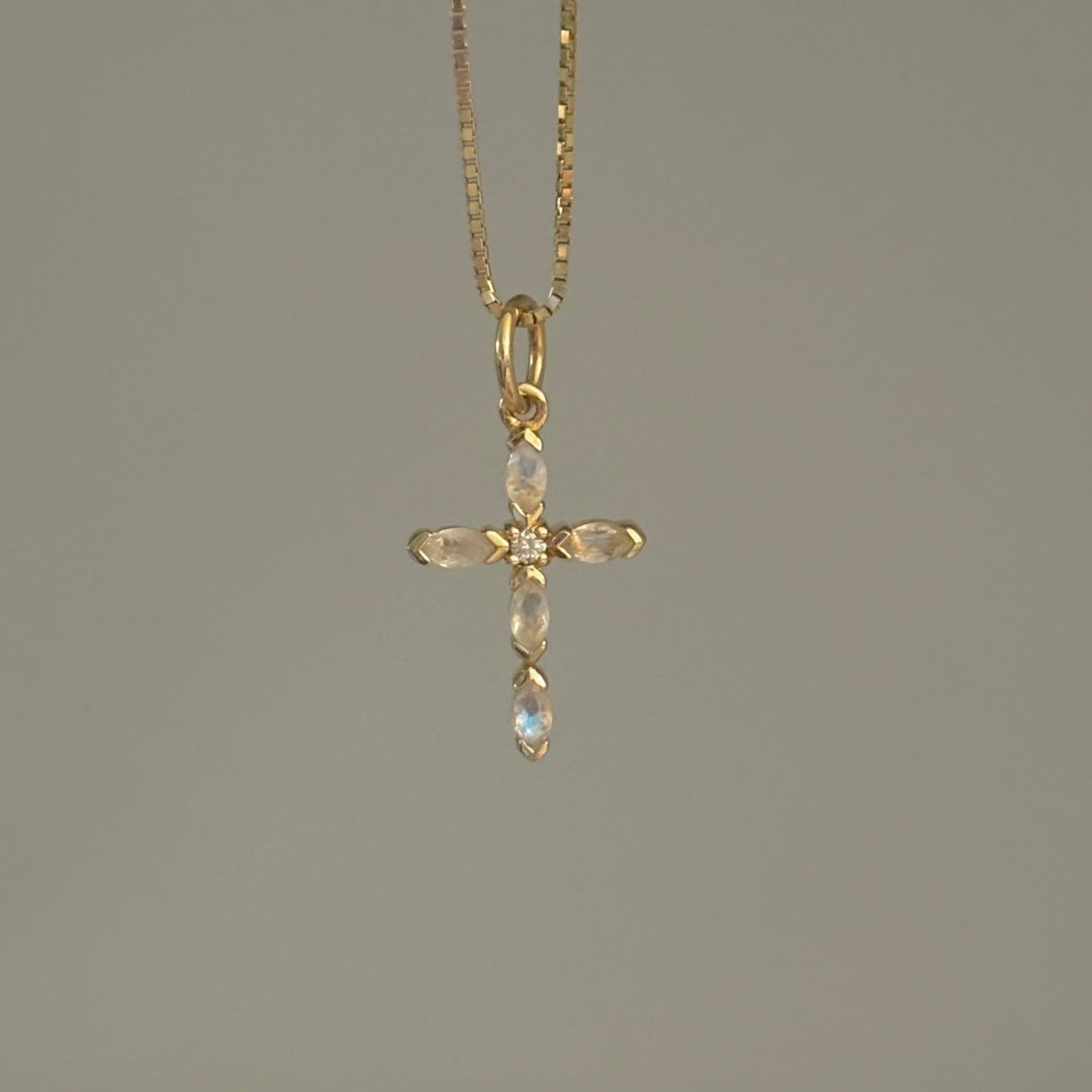 14K Natural Moonstone & Diamond Cross Pendant