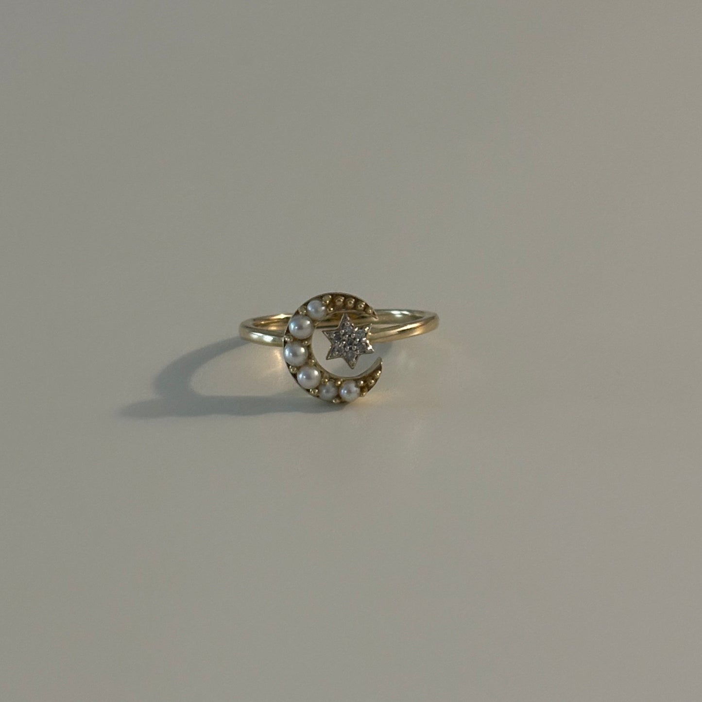 10K Yellow Gold Crescent Moon Ring with Diamond Star & Cultured Pearls