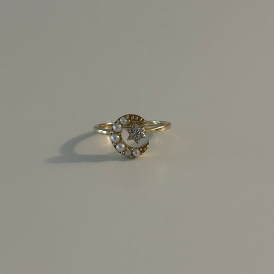 10K Yellow Gold Crescent Moon Ring with Diamond Star & Cultured Pearls