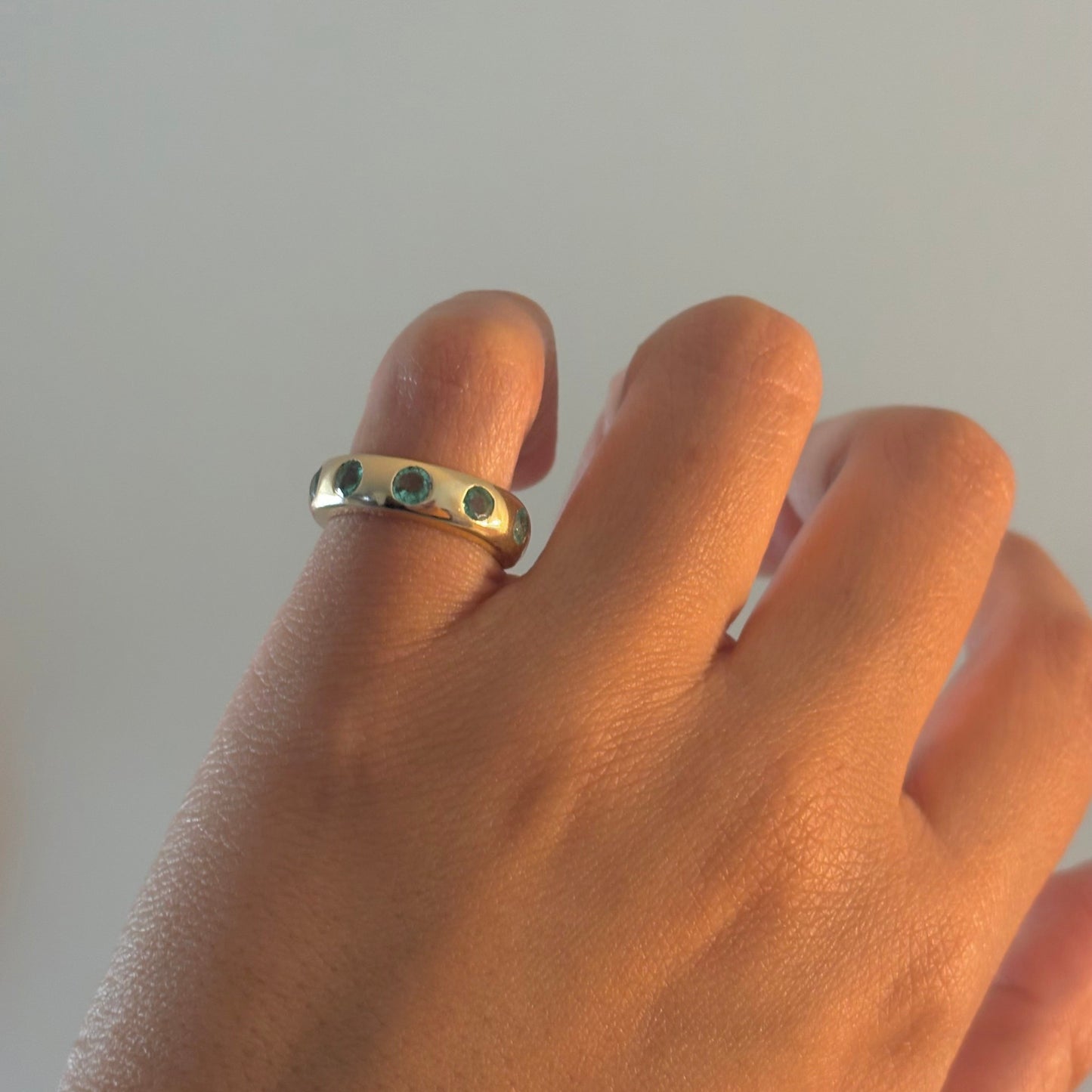 14K Natural Emerald Flush Set Band Ring | Thick Donut Band
