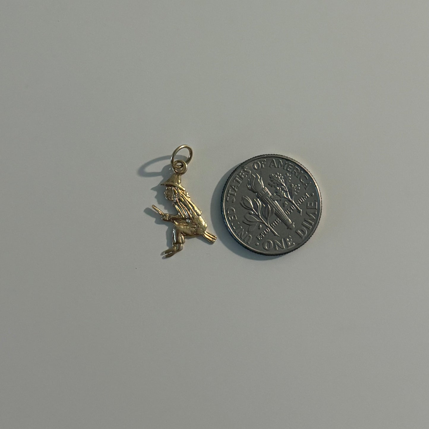 14K Solid Gold Witch on Broom Charm – Dainty Halloween Pendant