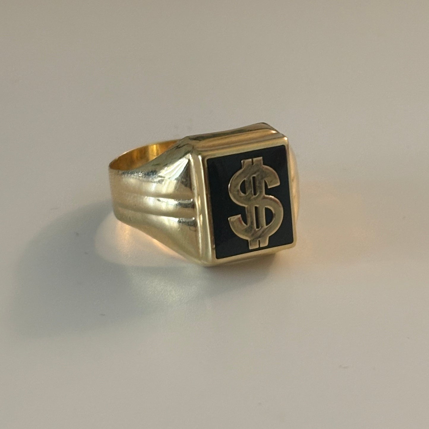 14K Gold Onyx Dollar Sign Pinky Ring – Unisex Statement Ring Size 10.75