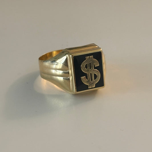 14K Gold Onyx Dollar Sign Pinky Ring – Unisex Statement Ring Size 10.75