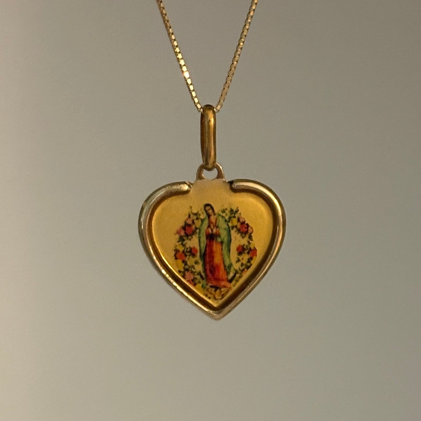 Vintage Italian Our Lady of Guadalupe Heart Pendant in 14K Gold