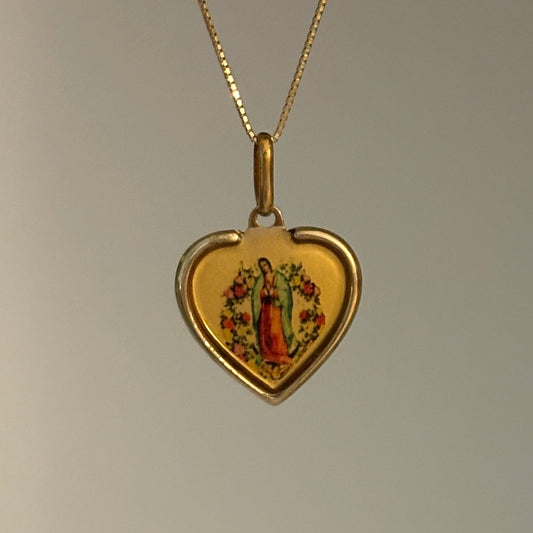 Vintage Italian Our Lady of Guadalupe Heart Pendant in 14K Gold
