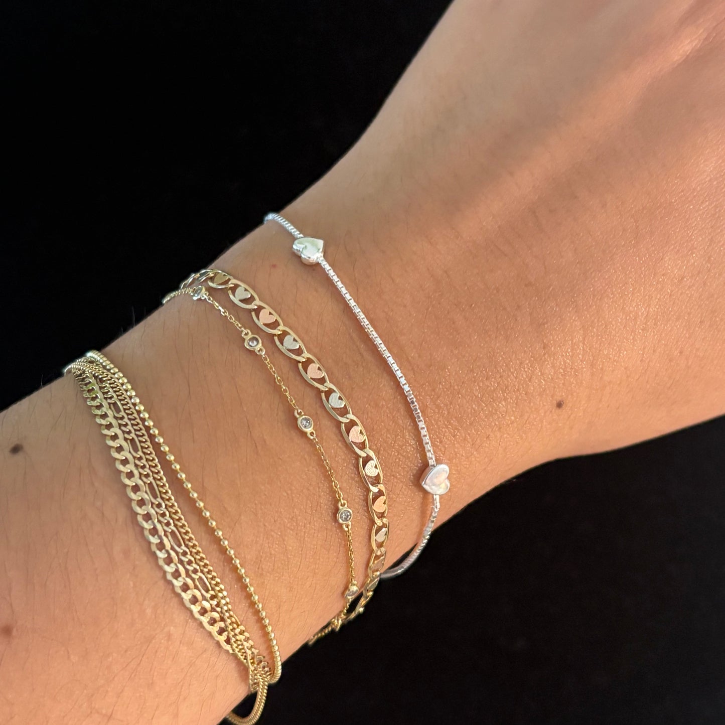 925 Sterling Silver Italian Heart Station Box Chain Bracelet
