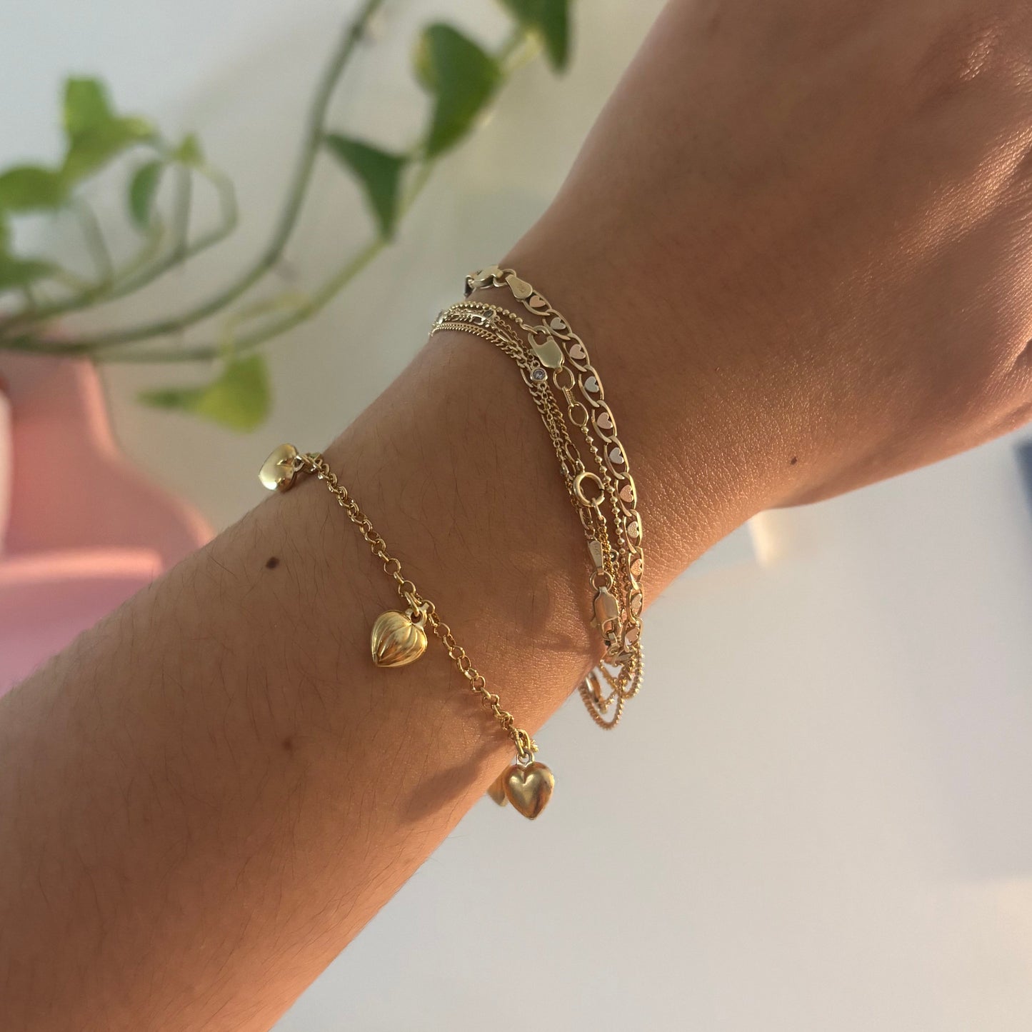14K Yellow Gold Puffy Heart Dangle Bracelet – Made in Italy