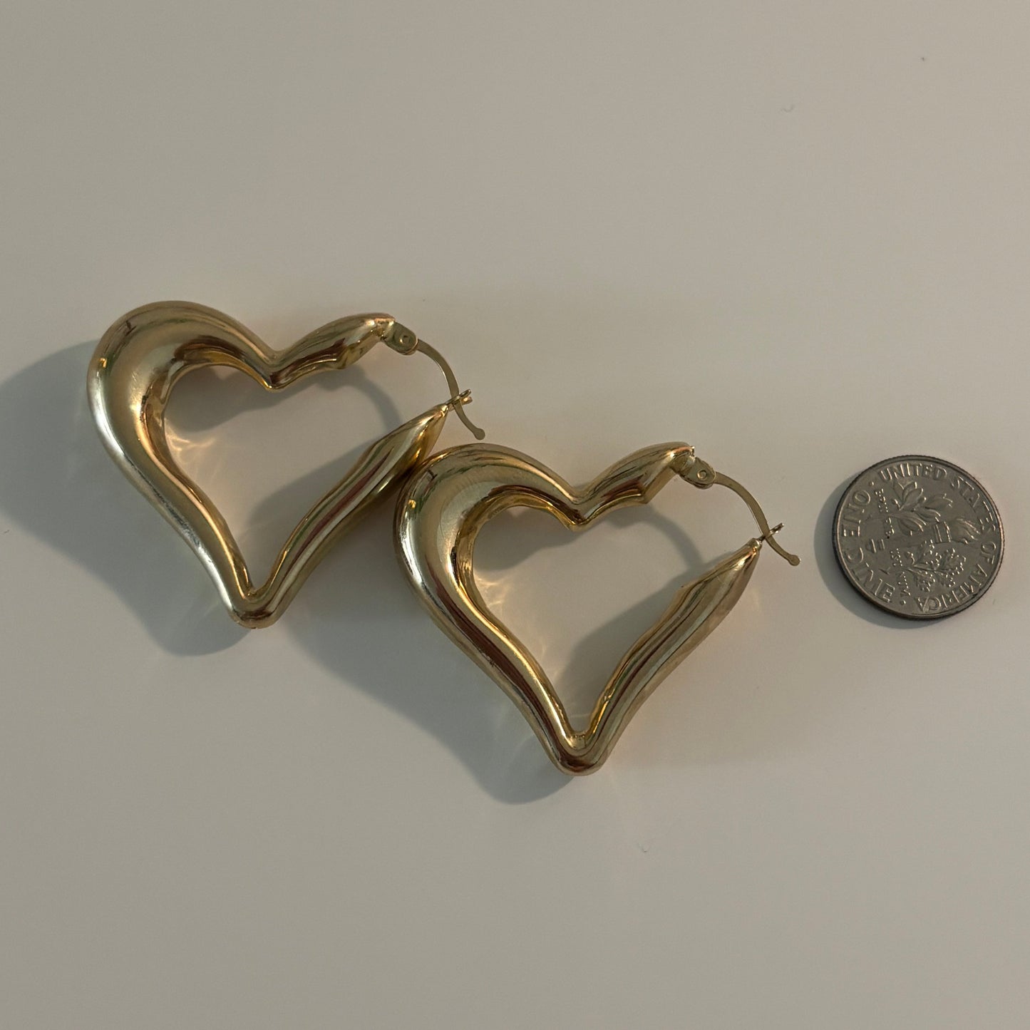 10K Yellow Gold Puffy Heart Hoop Earrings
