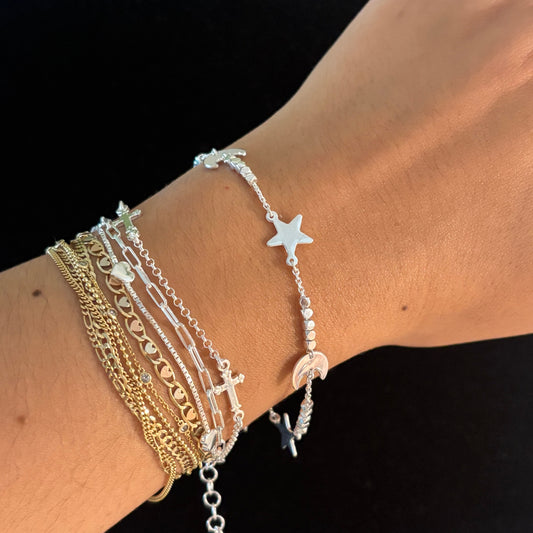925 Sterling Silver Moon & Star Beaded Bracelet