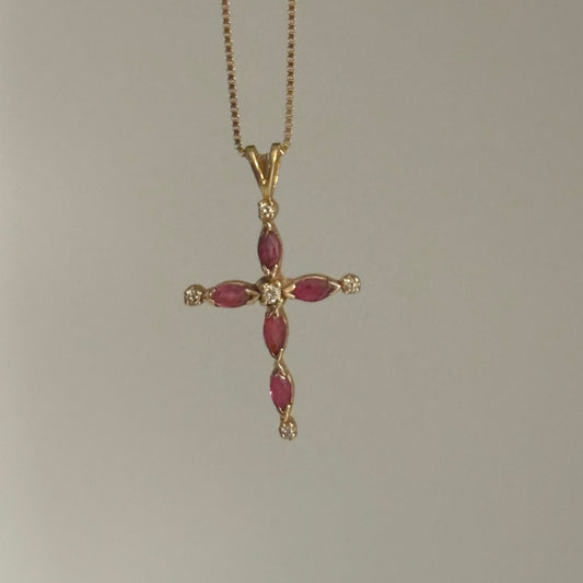 14K Gold Vintage Cross with Rubies & Diamond