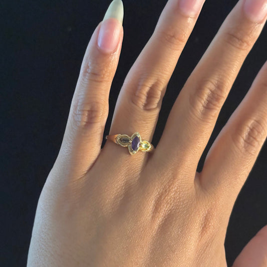 14K Gold Marquise Amethyst, Peridot & Smoky Quartz Ring