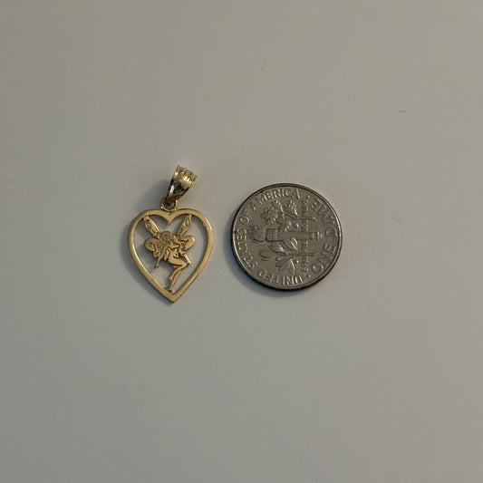14K Solid Gold Fairy & Heart Charm Pendant