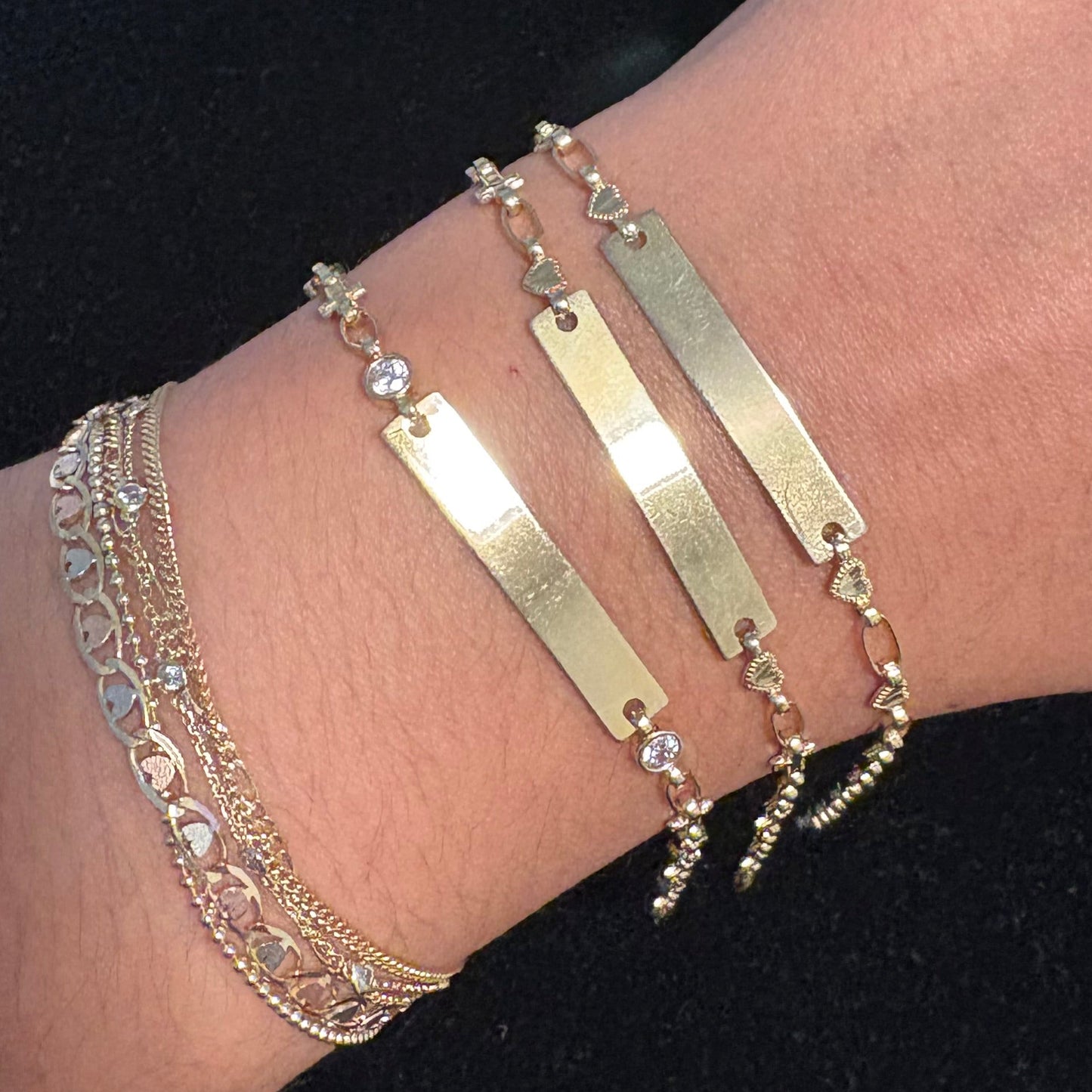 14K Gold ID Bracelets — Hearts, Cross & CZ, or Cross + Hearts (Engraving Included)