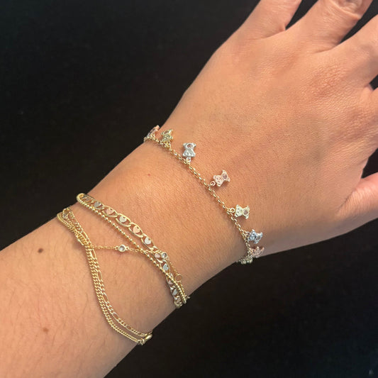 14K Tri-Color Teddy Bear Charm Bracelet | 16 Dangling Bear Charms | 3.15g