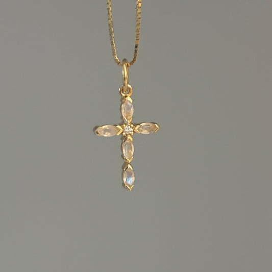14K Natural Moonstone & Diamond Cross Pendant
