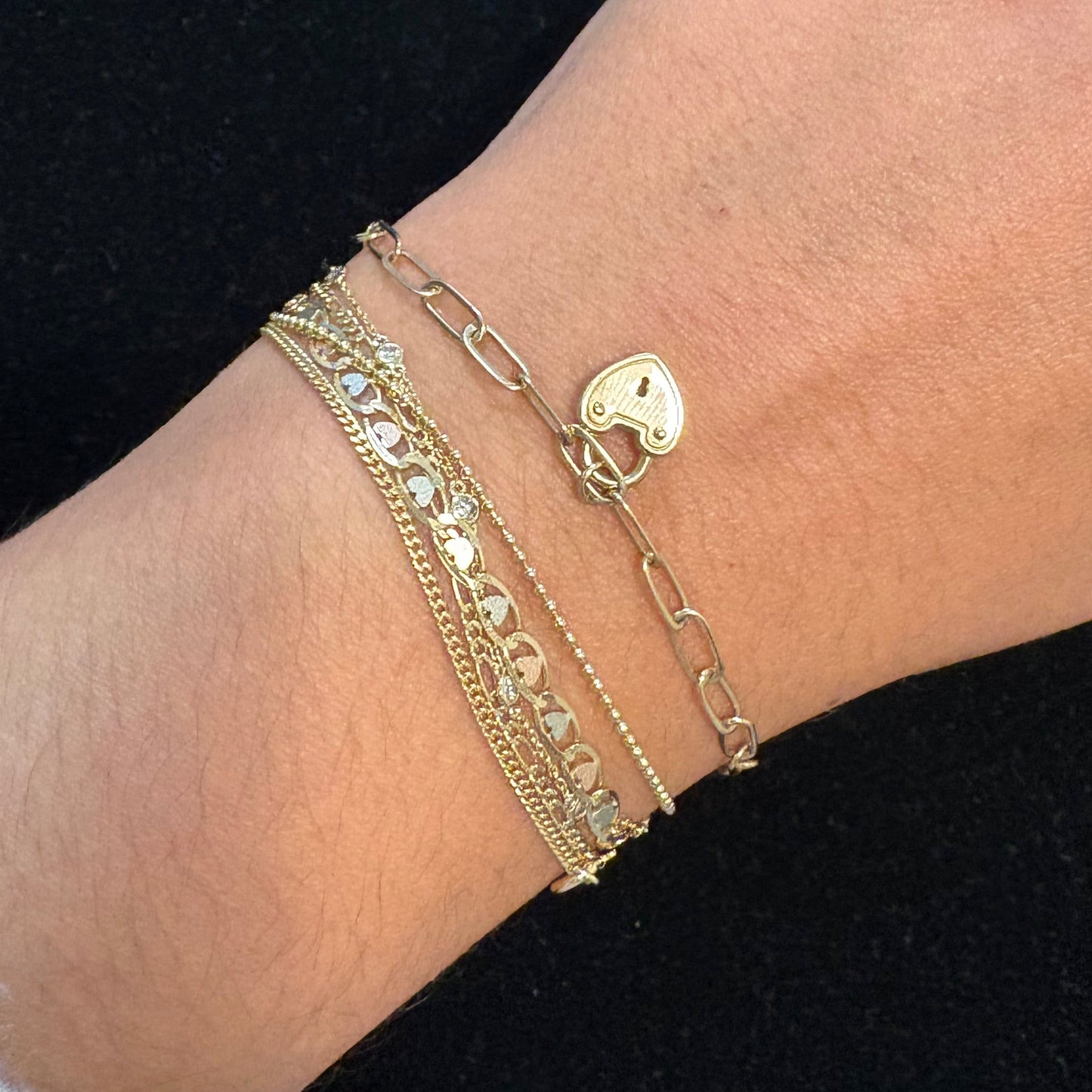 14K Yellow Gold Paperclip Bracelet with Heart Padlock Charm