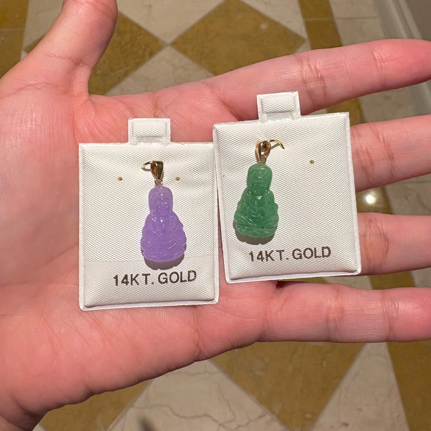 14K Gold Jade Guan Yin Pendant | Green & Lavender Jade