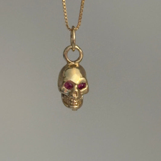 14K Yellow Gold 3D Skull Charm with Ruby Eyes