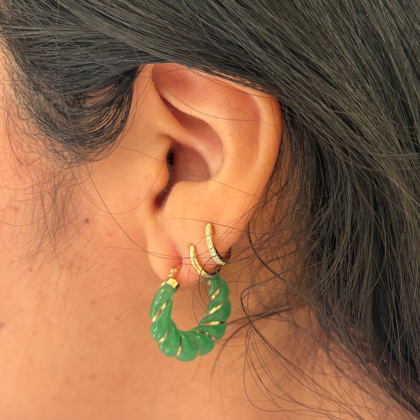 14K Gold Jade Twisted Hoop Earrings