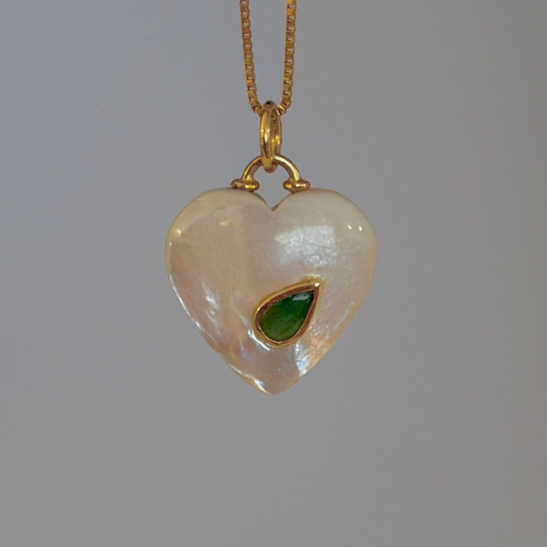 14K gold mother of pearl heart with pear emerald pendant 