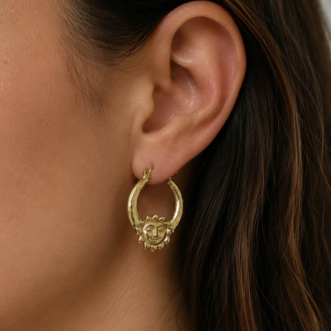 10K Gold Reversible Sun Face Hoop Earrings