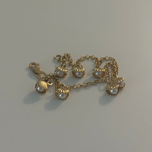 Vintage 14K Gold Oyster Shell & Pearl Charm Bracelet – Made in Italy
