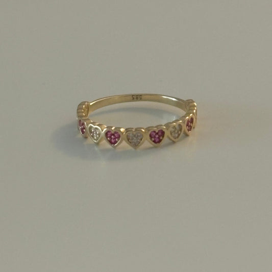 14K Gold Heart Ring with Red & Clear Cubic Zirconia