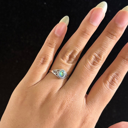 925 Sterling Silver Abalone Shell Ring – Vintage Scroll Design