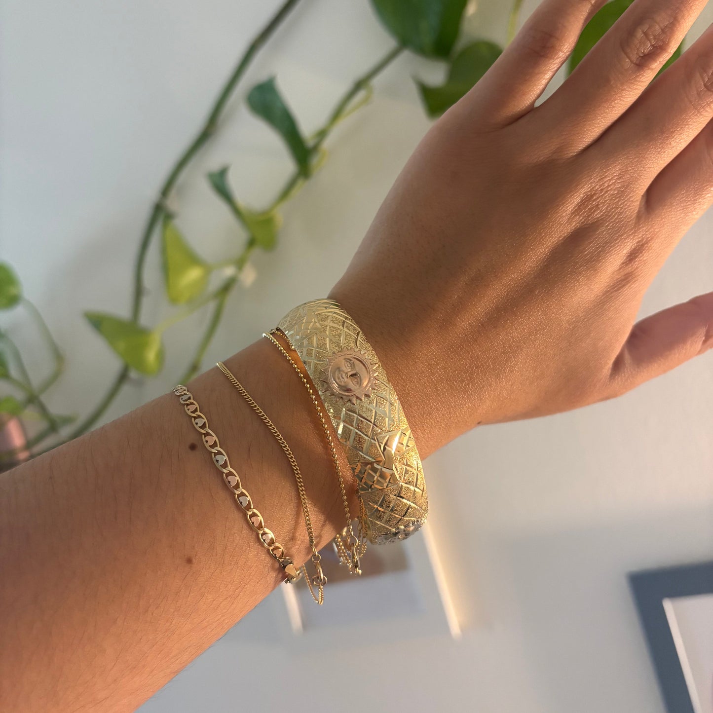 14K Two-Tone Sun Motif Adjustable Bangle Bracelet | Handmade Look