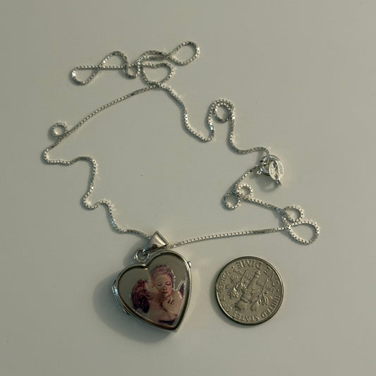 Sterling Silver Italian Heart Locket with Angel Kiss Motif & 18” Box Chain