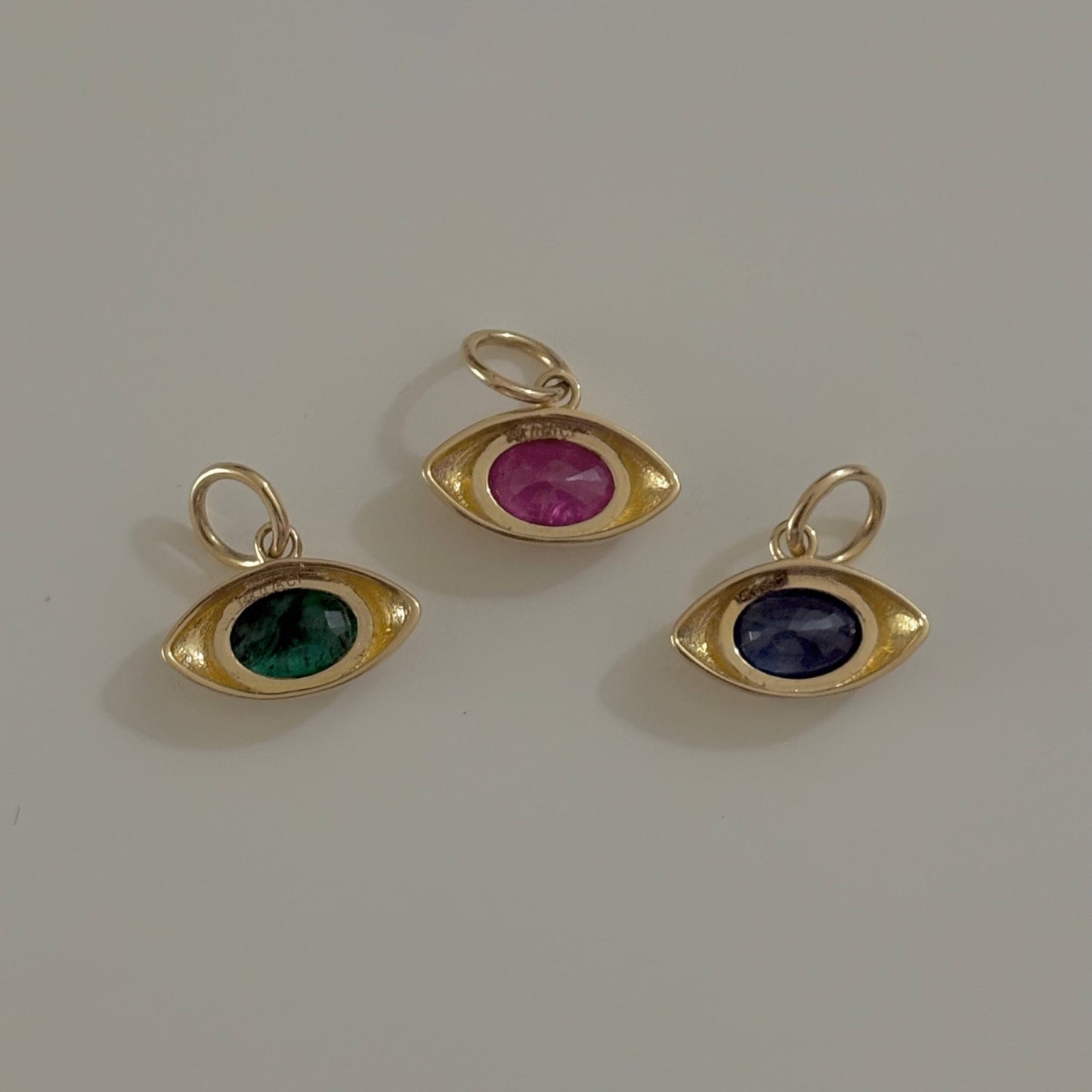 14K Gold Natural Gemstone Eye Charms – Ruby, Sapphire, Emerald
