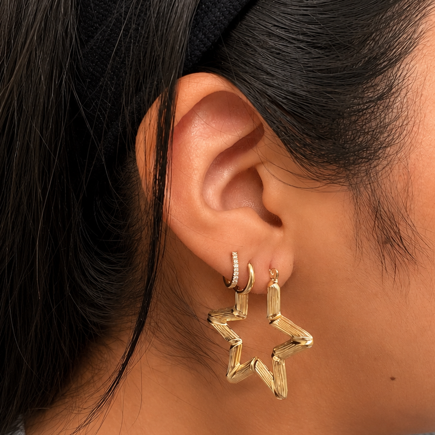 10K Gold Bamboo Star Hoop Earrings – Ribbed Hollow Design