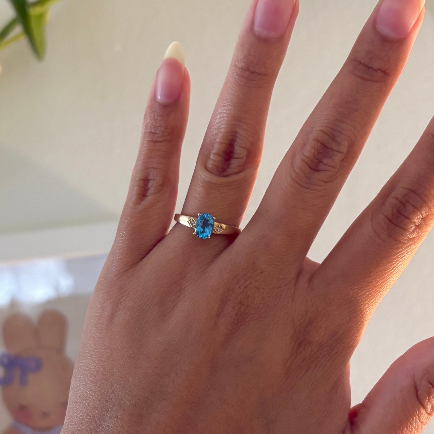 14K Yellow Gold Natural Blue Topaz & Diamond Ring – Size 7