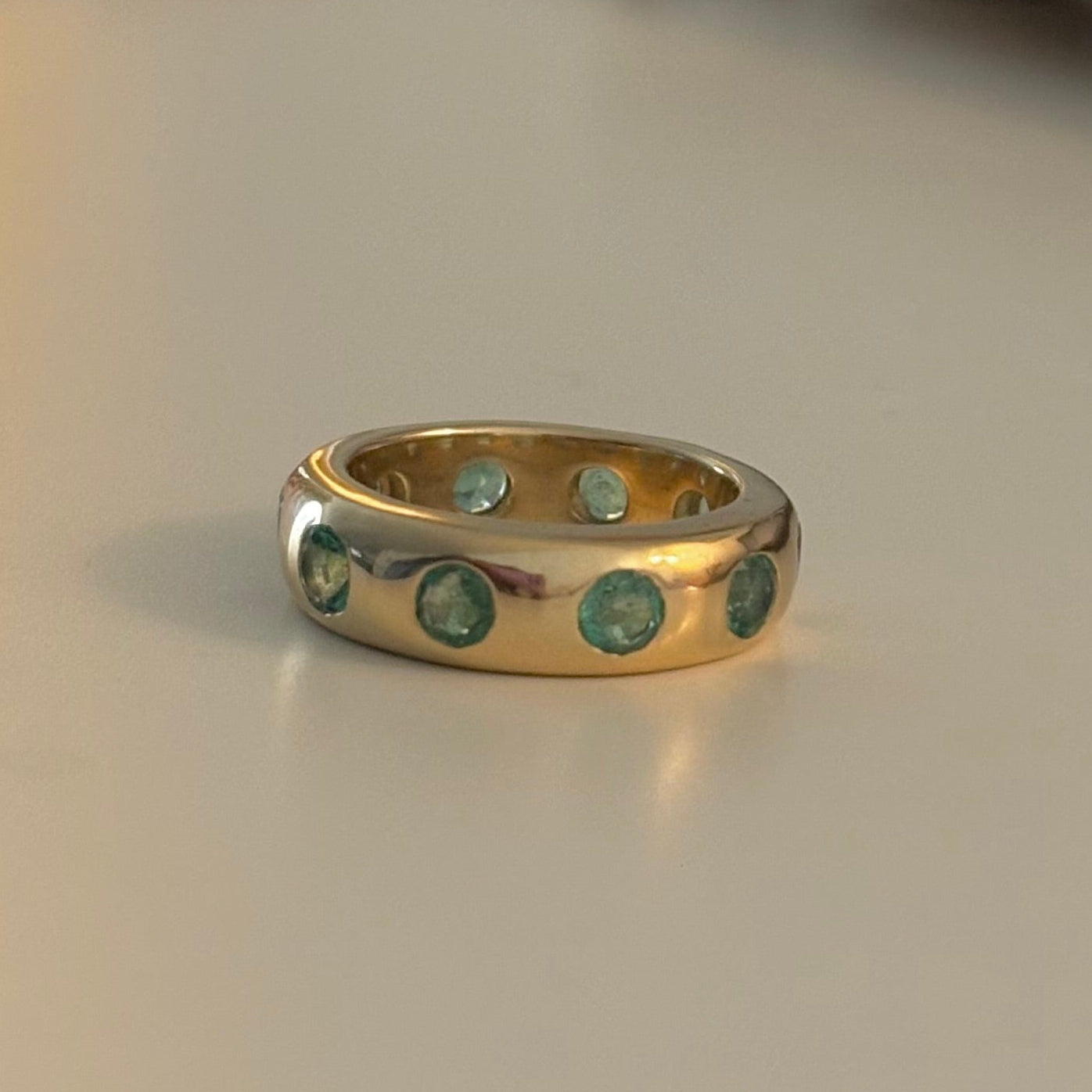 14K Natural Emerald Flush Set Band Ring | Thick Donut Band