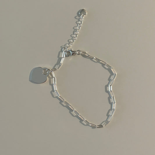 925 Sterling Silver Italian Paperclip Heart Bracelet