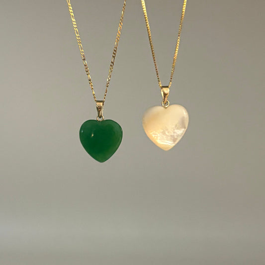 14K Gold Heart Pendant – Mother of Pearl or Green Jade