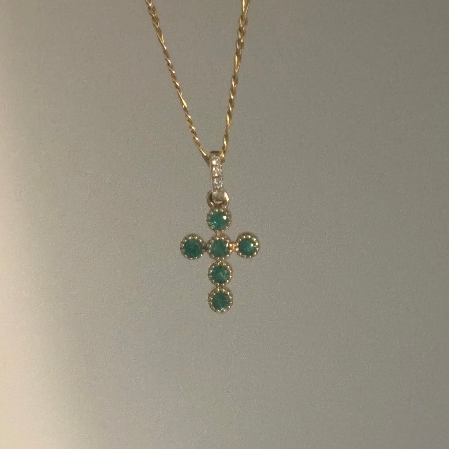 14K Yellow Gold Natural Emerald & Diamond Cross Pendant