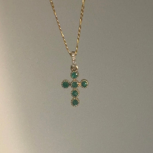 14K Yellow Gold Natural Emerald & Diamond Cross Pendant
