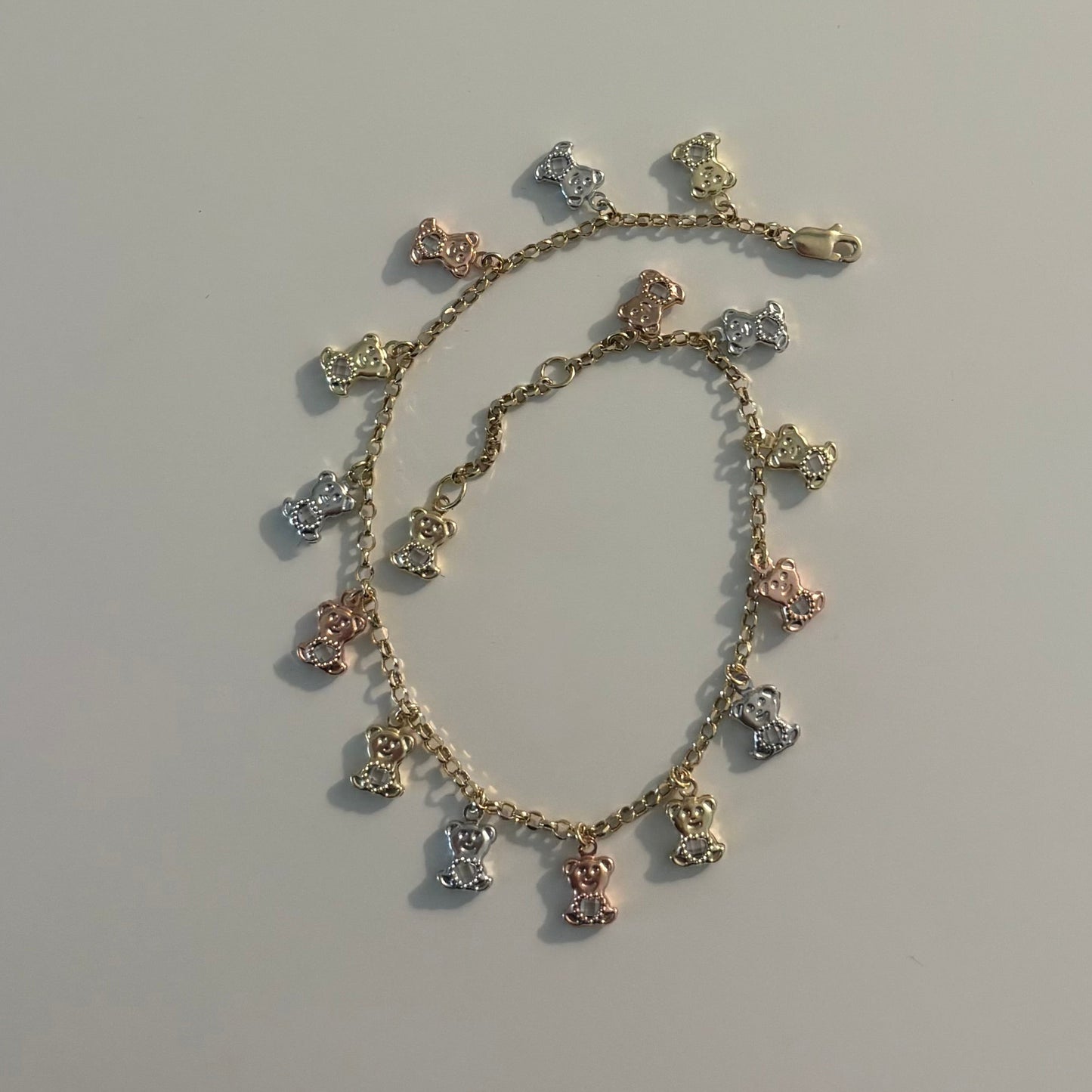 14K Tri-Color Teddy Bear Charm Bracelet | 16 Dangling Bear Charms | 3.15g